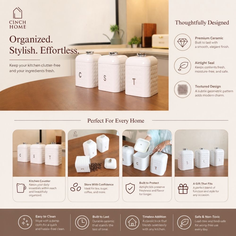 Textured White Tea, Coffee & Sugar Canister Set with knob– Set of 3