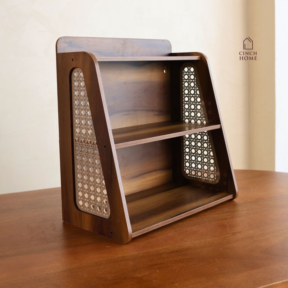 walnut wood shelf, cane shelf, wooden kitchen shelf, wall mounted kitchen shelf, countertop organiser, multipurpose shelf, kitchen spice rack, wooden spice rack, kitchen storage organiser, tea coffee station, coffee corner organiser, masala jar organiser, wooden countertop rack, cane furniture, walnut finish shelf, kitchen rack, space saving shelf, vanity organiser, desk organiser, home decor shelf, two tier shelf, modern kitchen accessories, kitchen organisation
