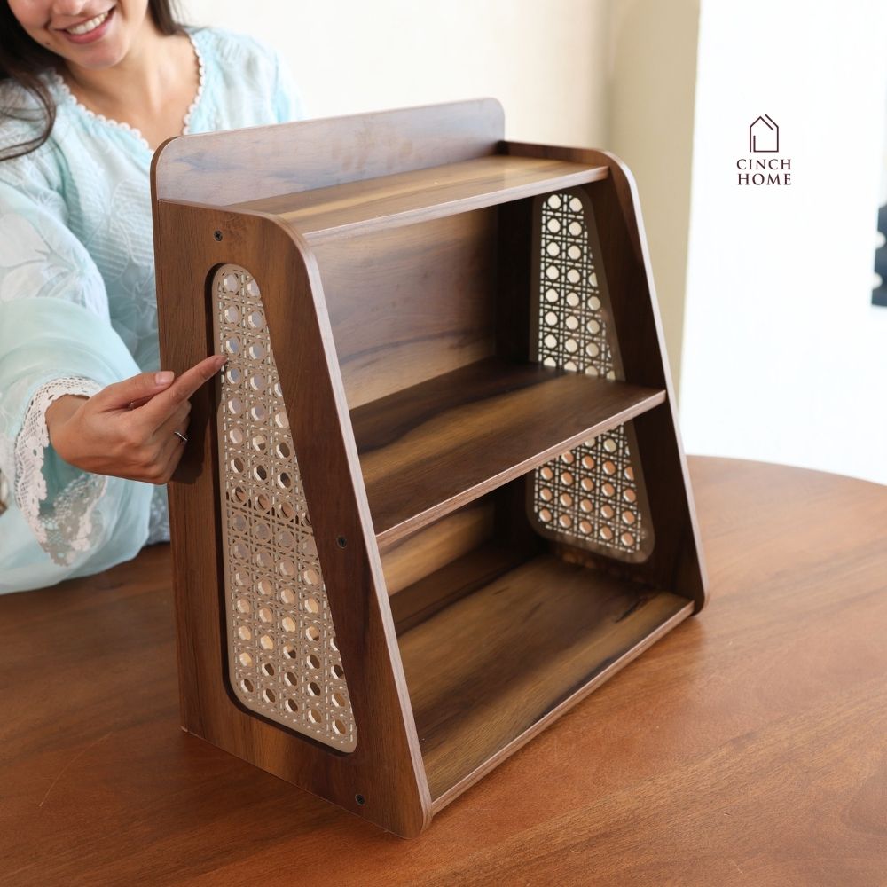 walnut wood shelf, cane shelf, wooden kitchen shelf, wall mounted kitchen shelf, countertop organiser, multipurpose shelf, kitchen spice rack, wooden spice rack, kitchen storage organiser, tea coffee station, coffee corner organiser, masala jar organiser, wooden countertop rack, cane furniture, walnut finish shelf, kitchen rack, space saving shelf, vanity organiser, desk organiser, home decor shelf, two tier shelf, modern kitchen accessories, kitchen organisation