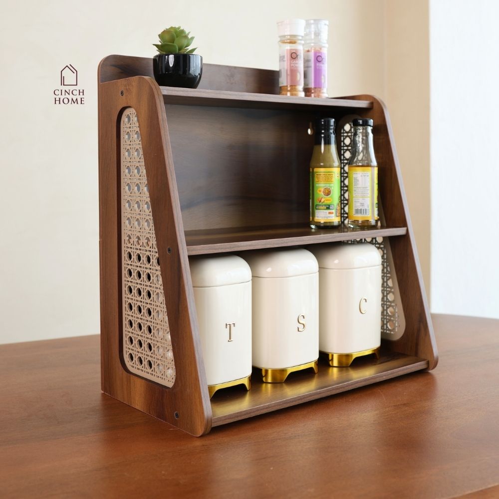 walnut wood shelf, cane shelf, wooden kitchen shelf, wall mounted kitchen shelf, countertop organiser, multipurpose shelf, kitchen spice rack, wooden spice rack, kitchen storage organiser, tea coffee station, coffee corner organiser, masala jar organiser, wooden countertop rack, cane furniture, walnut finish shelf, kitchen rack, space saving shelf, vanity organiser, desk organiser, home decor shelf, two tier shelf, modern kitchen accessories, kitchen organisation