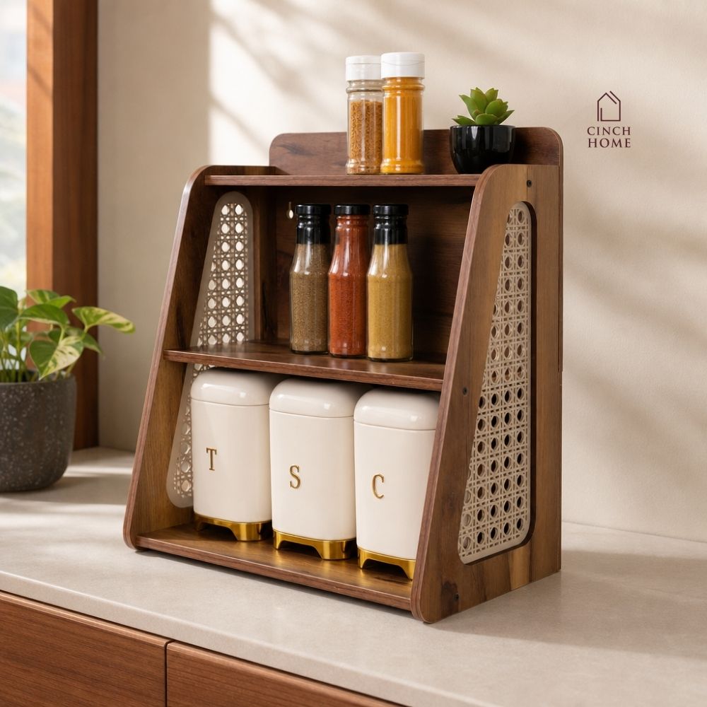 walnut wood shelf, cane shelf, wooden kitchen shelf, wall mounted kitchen shelf, countertop organiser, multipurpose shelf, kitchen spice rack, wooden spice rack, kitchen storage organiser, tea coffee station, coffee corner organiser, masala jar organiser, wooden countertop rack, cane furniture, walnut finish shelf, kitchen rack, space saving shelf, vanity organiser, desk organiser, home decor shelf, two tier shelf, modern kitchen accessories, kitchen organisation