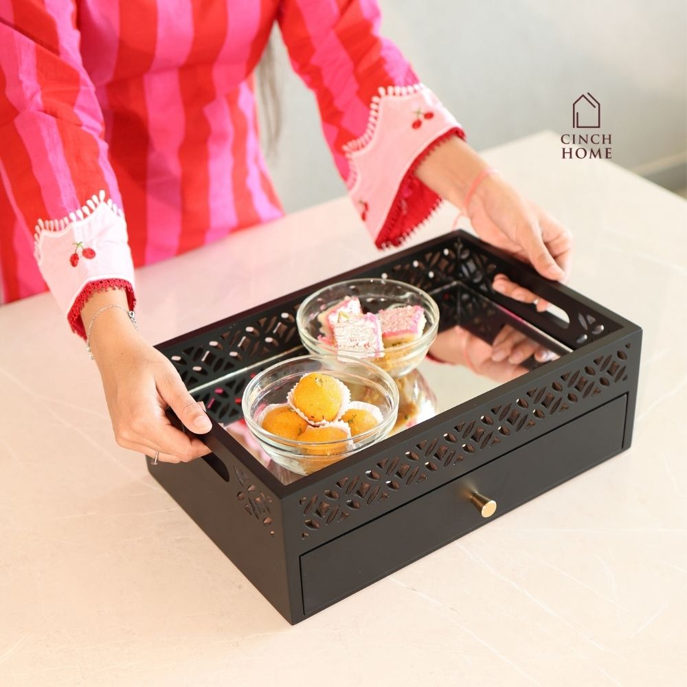 coffee table organizer, coffee table tray, sofa tray, serving tray, wooden serving tray, living room organizer, coffee table storage, 2 tier tray, serving tray with drawer, storage tray with drawer, multipurpose serving tray, table organizer,tea serving tray, coffee serving tray,snack serving tray, dry fruit serving tray,tea coffee organizer, remote organizer, tissue holder tray, cutlery organizer, living room accessories, modern home decor, functional home decor, decorative storage tray, gift, diwali gift