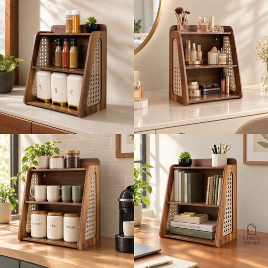 walnut wood shelf, cane shelf, wooden kitchen shelf, wall mounted kitchen shelf, countertop organiser, multipurpose shelf, kitchen spice rack, wooden spice rack, kitchen storage organiser, tea coffee station, coffee corner organiser, masala jar organiser, wooden countertop rack, cane furniture, walnut finish shelf, kitchen rack, space saving shelf, vanity organiser, desk organiser, home decor shelf, two tier shelf, modern kitchen accessories, kitchen organisation