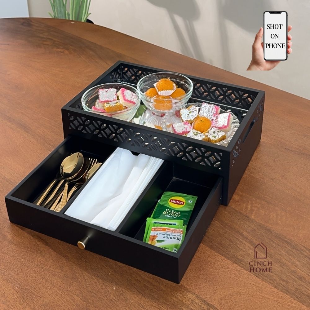 coffee table organizer, coffee table tray, sofa tray, serving tray, wooden serving tray, living room organizer, coffee table storage, 2 tier tray, serving tray with drawer, storage tray with drawer, multipurpose serving tray, table organizer,tea serving tray, coffee serving tray,snack serving tray, dry fruit serving tray,tea coffee organizer, remote organizer, tissue holder tray, cutlery organizer, living room accessories, modern home decor, functional home decor, decorative storage tray, gift, diwali gift