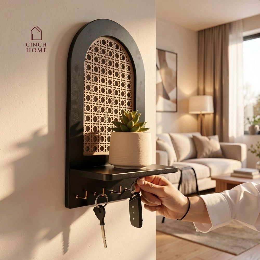 cane key holder, wall mounted key holder, key holder with shelf, modern key holder, entryway organizer, wall key hanger, decorative key holder, cane wall decor, key holder for wall, wall shelf with hooks, home decor key holder, entryway wall decor, key organizer for home, modern wall shelf, minimal home decor accessories, cane decor India
