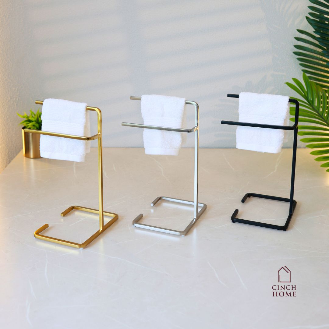 black towel stand for bathroom, modern hand towel holder, countertop towel rack, minimalist towel stand India, matte black towel holder, freestanding towel stand, bathroom accessories modern, small towel stand for sink, powder-coated towel rack, towel organizer for vanity.