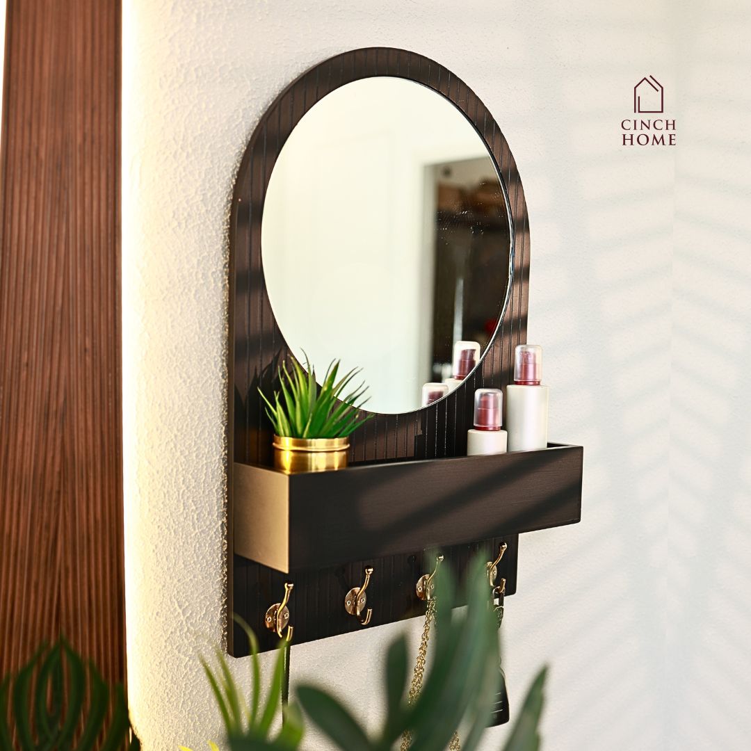 Entryway Organiser with Round Mirror with Dual Hooks & Shelf