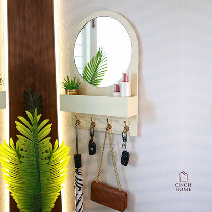 Entryway Organiser with Round Mirror with Dual Hooks & Shelf