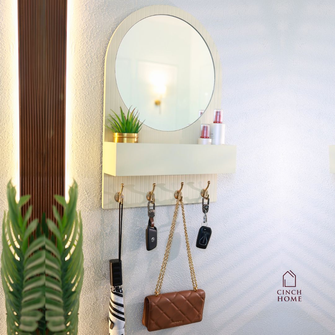 Entryway Organiser with Round Mirror with Dual Hooks & Shelf