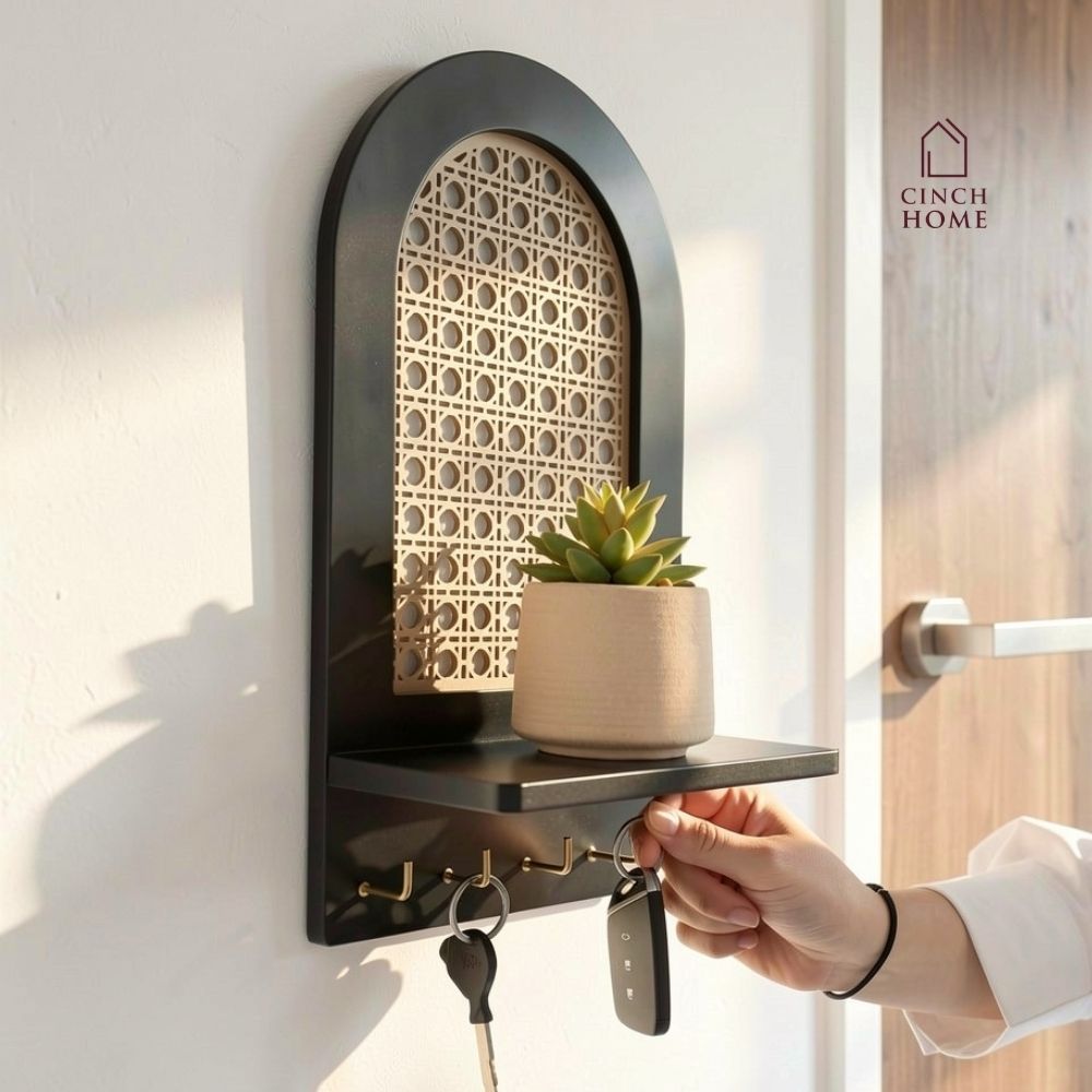 cane key holder, wall mounted key holder, key holder with shelf, modern key holder, entryway organizer, wall key hanger, decorative key holder, cane wall decor, key holder for wall, wall shelf with hooks, home decor key holder, entryway wall decor, key organizer for home, modern wall shelf, minimal home decor accessories, cane decor India