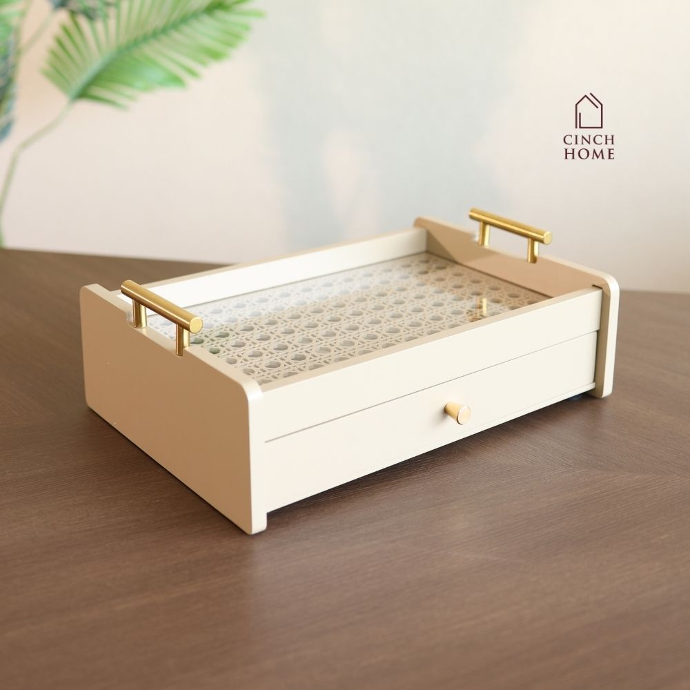Luxe Serving & Storage Tray- Beige | Rattan | 2 Tier Serving Tray