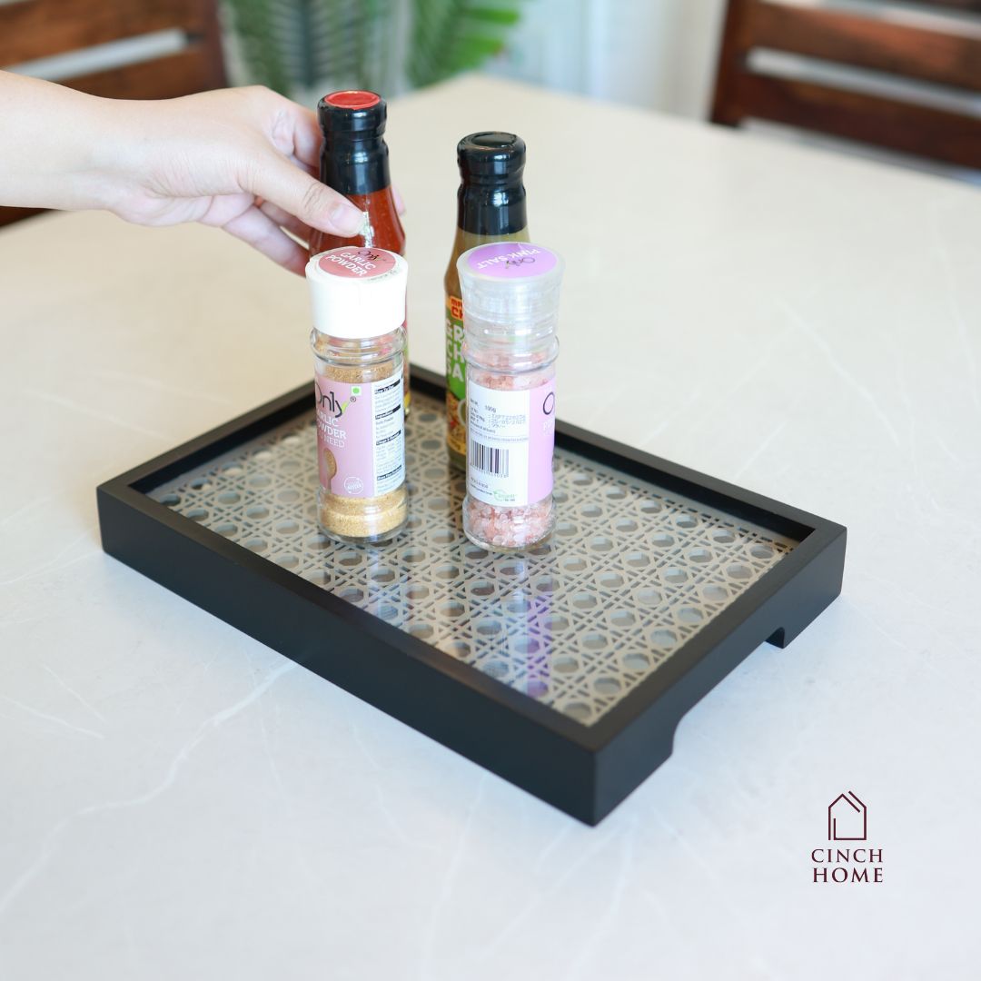 wooden serving tray, black rattan tray, vanity organizer tray, decorative tray, coffee table tray, kitchen organizer tray, dining table tray, dressing table tray, perfume tray, multipurpose tray, home décor tray, serving platter tray, wooden utility tray, CinchHome tray, handcrafted tray India, rattan cane tray