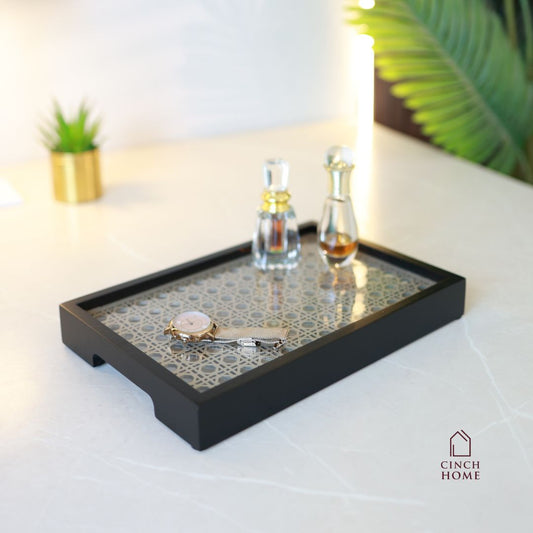 wooden serving tray, black rattan tray, vanity organizer tray, decorative tray, coffee table tray, kitchen organizer tray, dining table tray, dressing table tray, perfume tray, multipurpose tray, home décor tray, serving platter tray, wooden utility tray, CinchHome tray, handcrafted tray India, rattan cane tray