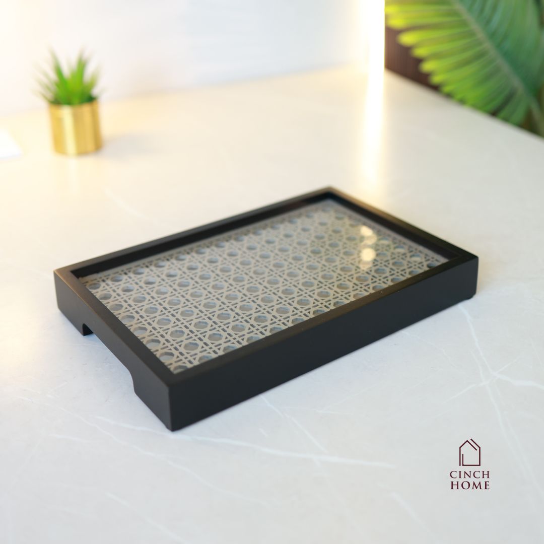 wooden serving tray, black rattan tray, vanity organizer tray, decorative tray, coffee table tray, kitchen organizer tray, dining table tray, dressing table tray, perfume tray, multipurpose tray, home décor tray, serving platter tray, wooden utility tray, CinchHome tray, handcrafted tray India, rattan cane tray