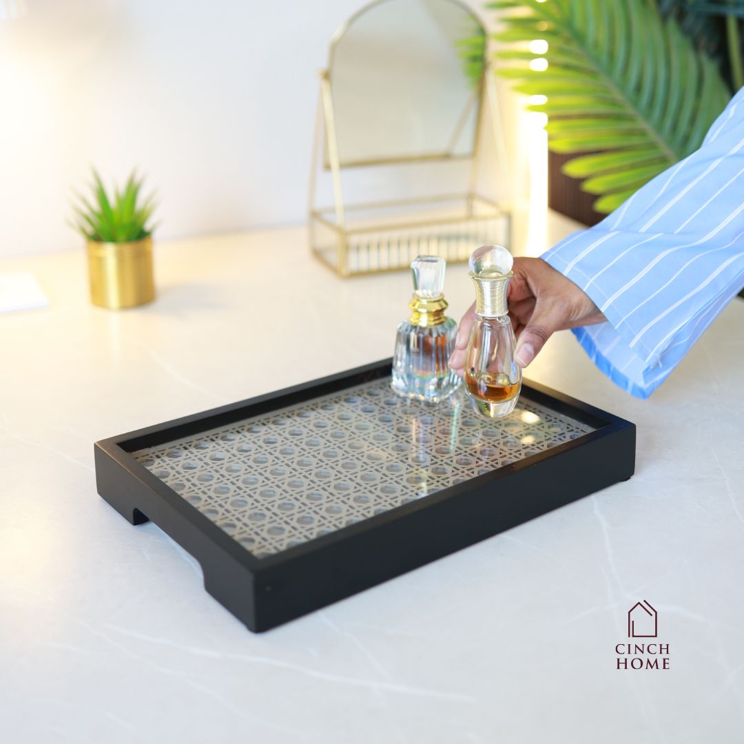 wooden serving tray, black rattan tray, vanity organizer tray, decorative tray, coffee table tray, kitchen organizer tray, dining table tray, dressing table tray, perfume tray, multipurpose tray, home décor tray, serving platter tray, wooden utility tray, CinchHome tray, handcrafted tray India, rattan cane tray