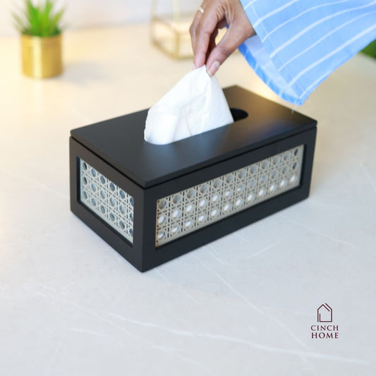 rattan tissue box, wooden tissue holder, cane tissue box, handmade tissue box, living room décor, dining table tissue holder, premium wooden tissue box, car tissue box, tissue dispenser India, rattan home décor, modern tissue holder, CinchHome tissue box.