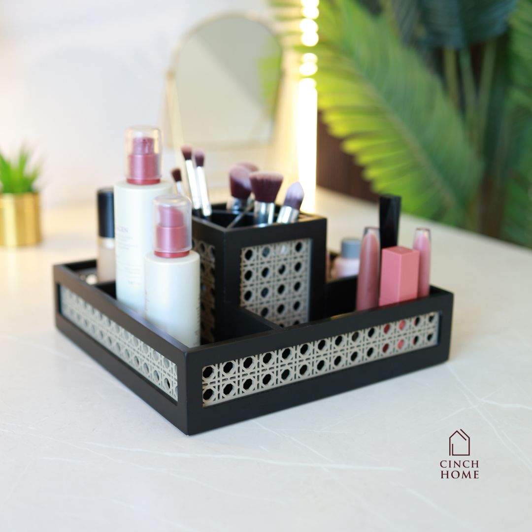 rattan organizer box, wooden organizer with cane weave, dining table organizer, kitchen condiment holder, cutlery organizer, makeup brush holder, vanity organizer, multipurpose table organizer, desk organizer, handmade rattan storage box, home décor organizer India, CinchHome rattan organizer, premium wooden organizer.