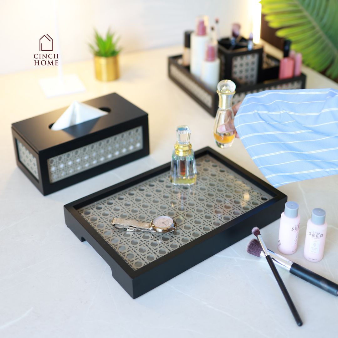 wooden serving tray, black rattan tray, vanity organizer tray, decorative tray, coffee table tray, kitchen organizer tray, dining table tray, dressing table tray, perfume tray, multipurpose tray, home décor tray, serving platter tray, wooden utility tray, CinchHome tray, handcrafted tray India, rattan cane tray