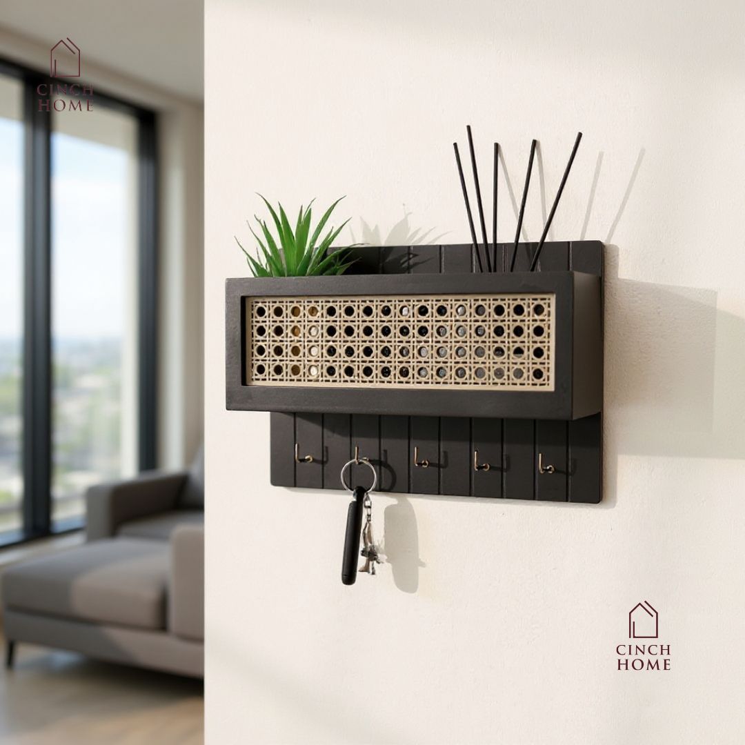 rattan key holder, wall shelf organizer, wooden key hanger, wall mounted key holder, home entryway organizer, black rattan wall décor, wooden key rack India, cane wall shelf, handcrafted key holder, CinchHome organizer