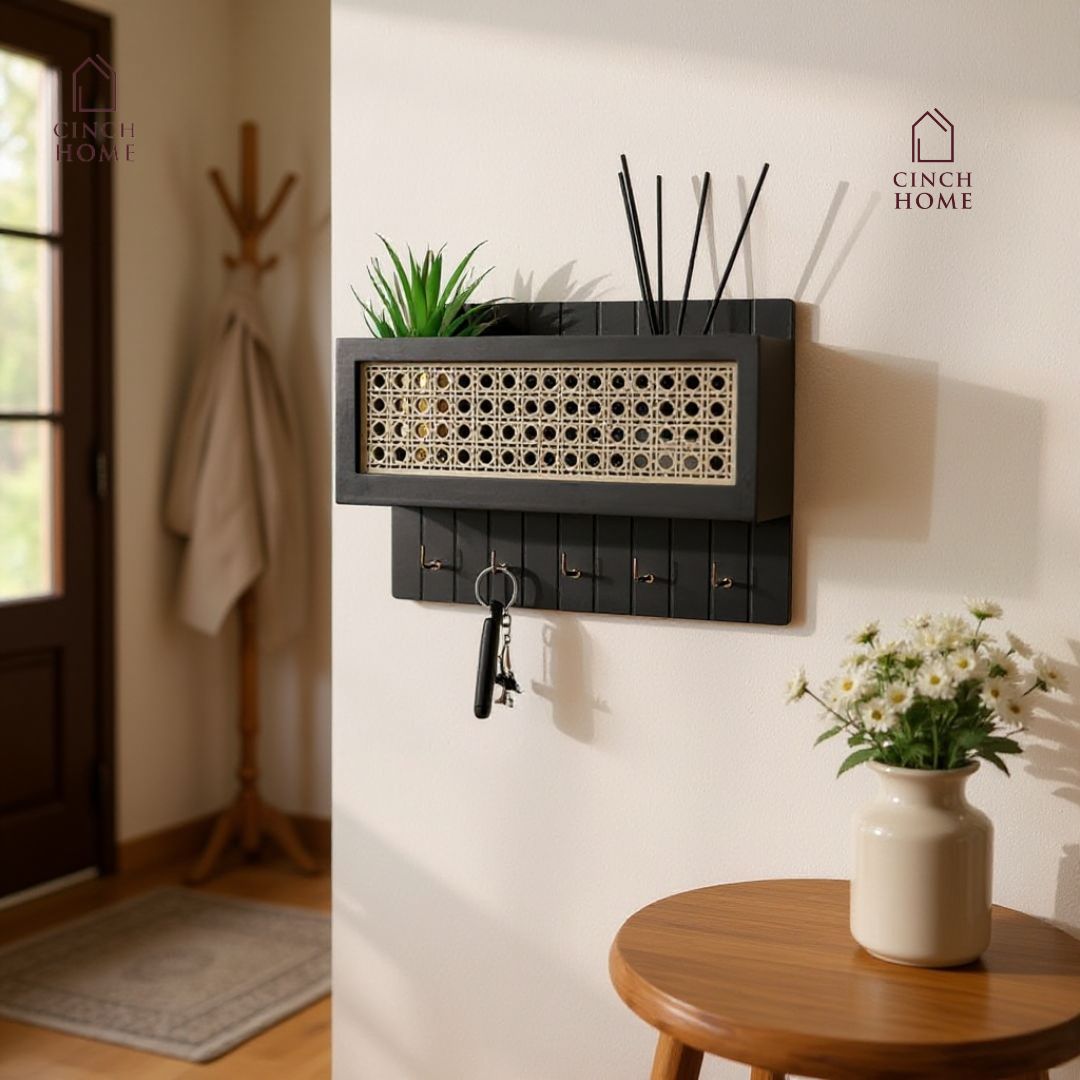 rattan key holder, wall shelf organizer, wooden key hanger, wall mounted key holder, home entryway organizer, black rattan wall décor, wooden key rack India, cane wall shelf, handcrafted key holder, CinchHome organizer