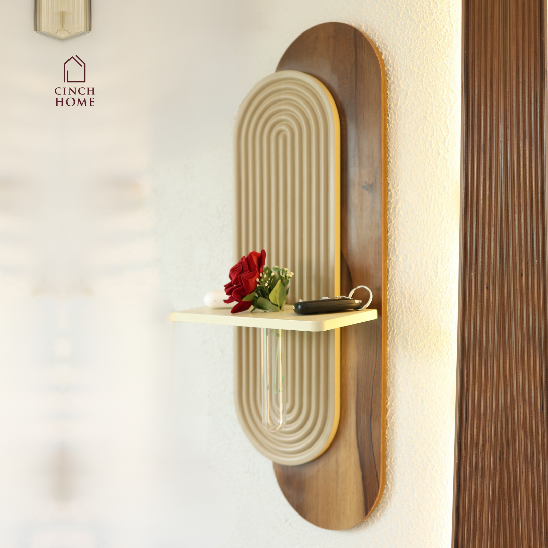 decorative wall shelf, fluted wall shelf, wall mounted decorative shelf, modern wall decor shelf, entryway wall decor, wall shelf with design, fluted panel wall decor, aesthetic wall shelf, wall mounted shelf India, modern home decor accessories, designer wall shelf, decorative shelf with wood panel, minimal wall decor shelf, test tube vase, wall shelf with vase