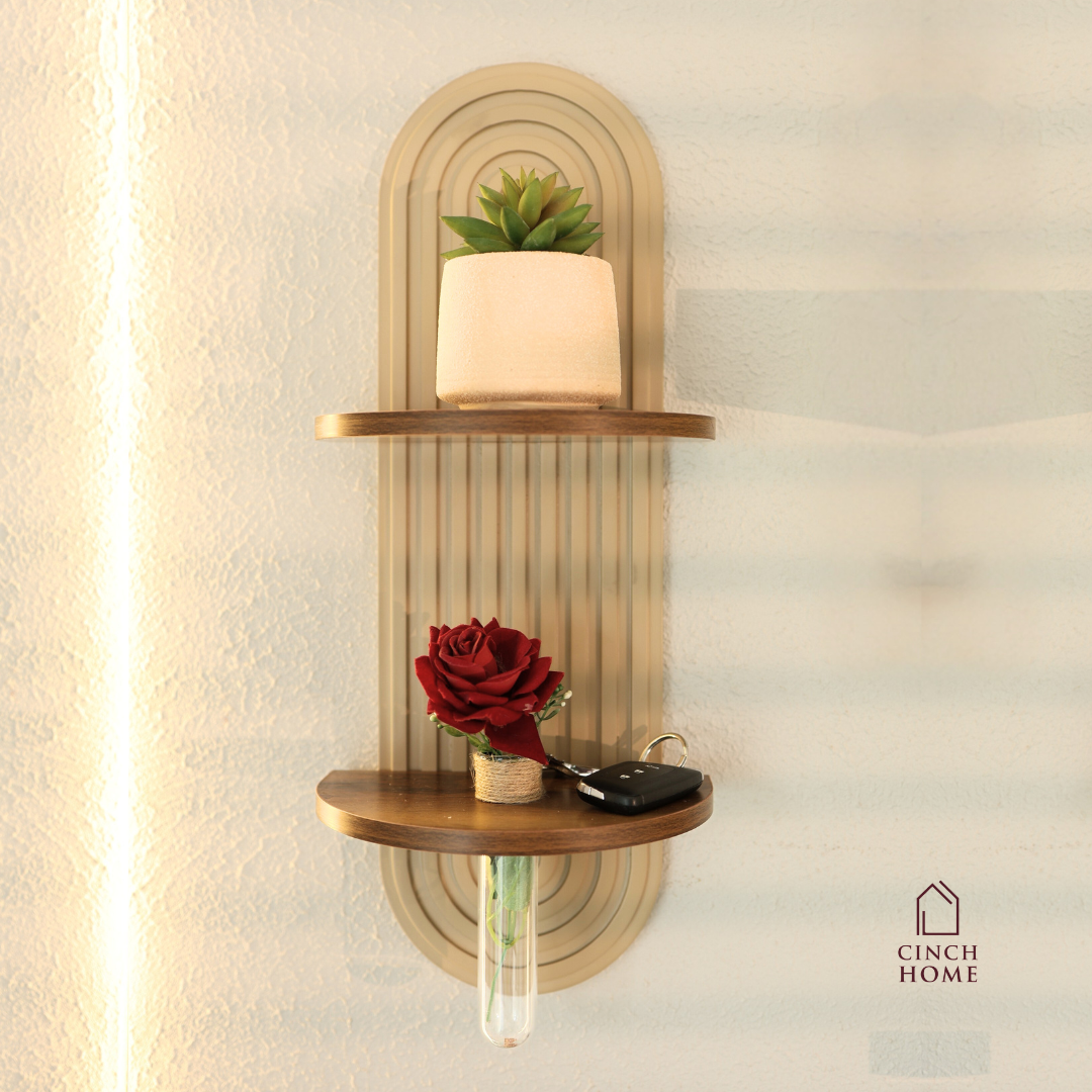 fluted wall shelf, dual wall shelf, decorative wall shelf, wall mounted decorative shelf, modern wall shelf, entryway wall decor, designer wall shelf, wall decor shelf, fluted panel wall decor, aesthetic wall shelf, wall shelf with wood, modern home decor accessories, wall shelf India, luxury wall decor shelf, dual shelf wall decor, test tube vase, wall shelf with test tube vase
