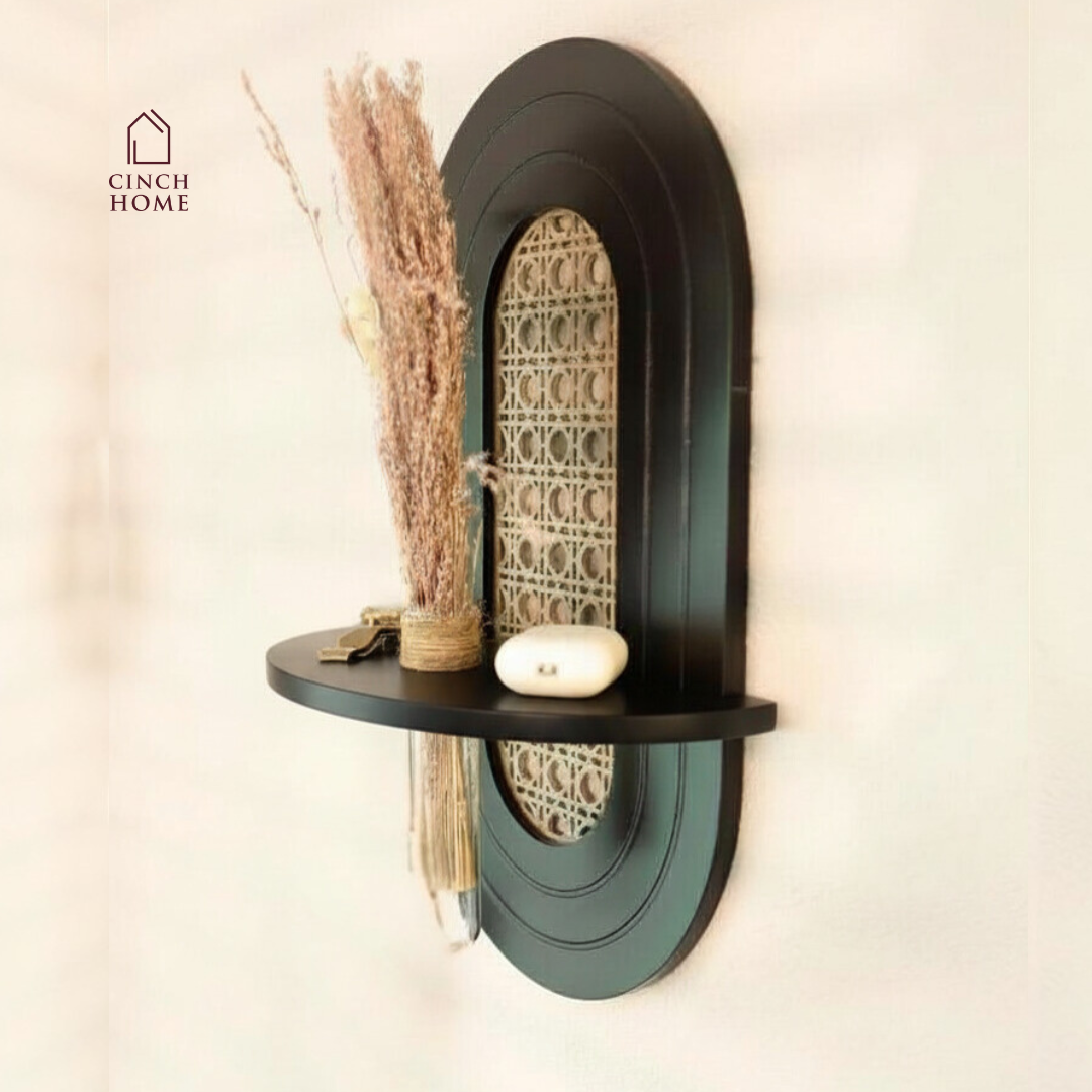 cane wall shelf, decorative wall shelf, wall mounted decorative shelf, cane wall decor, modern wall shelf, entryway wall decor, designer wall shelf, wall decor shelf with cane, aesthetic wall shelf, modern home decor accessories, wall shelf India, decorative shelf with design, luxury wall decor shelf, cane panel wall decor, test tube vase, wall shelf with vase
