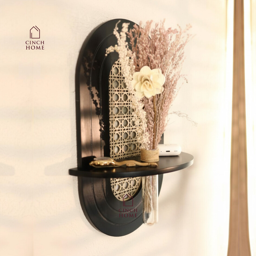 cane wall shelf, decorative wall shelf, wall mounted decorative shelf, cane wall decor, modern wall shelf, entryway wall decor, designer wall shelf, wall decor shelf with cane, aesthetic wall shelf, modern home decor accessories, wall shelf India, decorative shelf with design, luxury wall decor shelf, cane panel wall decor, test tube vase, wall shelf with vase