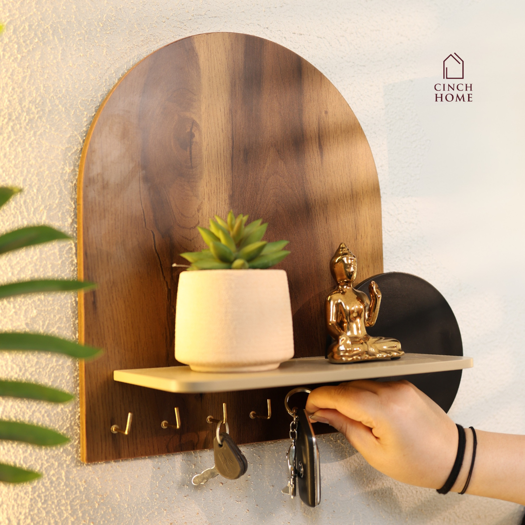 wooden key holder, wall mounted key holder, key holder with shelf, modern key holder, entryway organizer, wall key hanger, decorative key holder, key holder for wall, wooden wall shelf with hooks, home decor key holder, entryway wall decor, key stand for wall, key organizer for home, luxury key holder, minimal wall shelf, wall mounted organizer, wooden key hanger India, modern home decor accessories