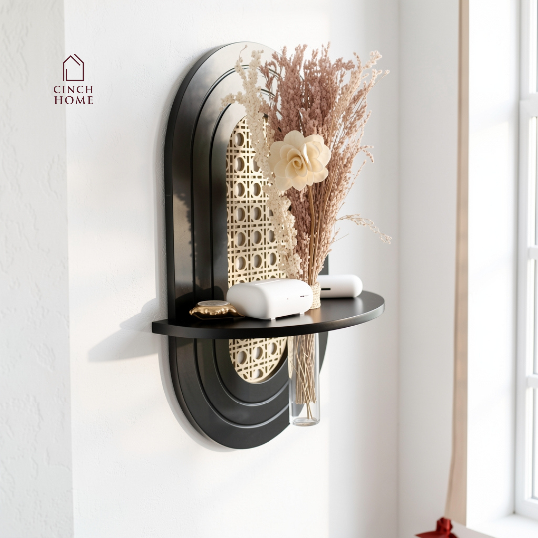 cane wall shelf, decorative wall shelf, wall mounted decorative shelf, cane wall decor, modern wall shelf, entryway wall decor, designer wall shelf, wall decor shelf with cane, aesthetic wall shelf, modern home decor accessories, wall shelf India, decorative shelf with design, luxury wall decor shelf, cane panel wall decor, test tube vase, wall shelf with vase