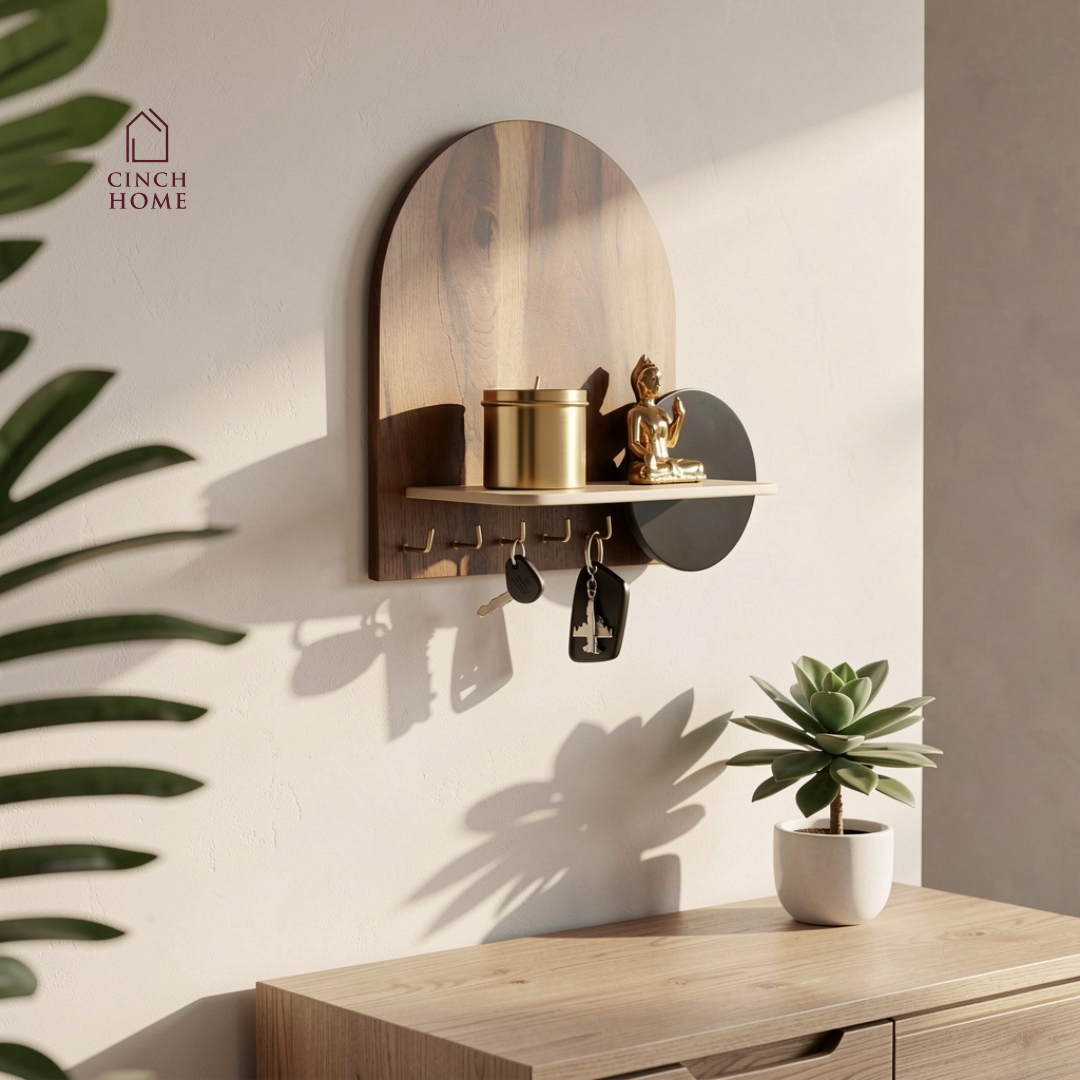 wooden key holder, wall mounted key holder, key holder with shelf, modern key holder, entryway organizer, wall key hanger, decorative key holder, key holder for wall, wooden wall shelf with hooks, home decor key holder, entryway wall decor, key stand for wall, key organizer for home, luxury key holder, minimal wall shelf, wall mounted organizer, wooden key hanger India, modern home decor accessories