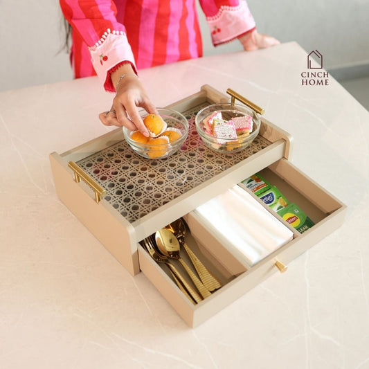 coffee table organizer, coffee table tray, sofa tray, serving tray, wooden serving tray, living room organizer, coffee table storage, 2 tier tray, serving tray with drawer, storage tray with drawer, multipurpose serving tray, table organizer,tea serving tray, coffee serving tray,snack serving tray, dry fruit serving tray,tea coffee organizer, remote organizer, tissue holder tray, cutlery organizer, living room accessories, modern home decor, functional home decor, decorative storage tray, gift, diwali gift