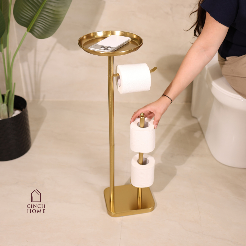 luxury bathroom accessories, premium bathroom accessories, bathroom valet, freestanding bathroom valet, 3 in 1 bathroom organizer, gold bathroom stand, gold bathroom accessories, freestanding towel holder, towel holder stand, gold towel holder, toilet roll holder, toilet roll stand, bathroom organizer with tray, towel and toilet roll holder, modern bathroom accessories, hotel style bathroom accessories, vanity organizer, no drill bathroom accessories, space saving bathroom organizer, gold bathroom decor

