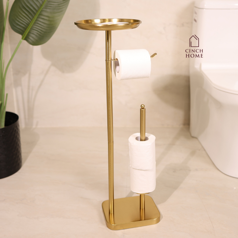luxury bathroom accessories, premium bathroom accessories, bathroom valet, freestanding bathroom valet, 3 in 1 bathroom organizer, gold bathroom stand, gold bathroom accessories, freestanding towel holder, towel holder stand, gold towel holder, toilet roll holder, toilet roll stand, bathroom organizer with tray, towel and toilet roll holder, modern bathroom accessories, hotel style bathroom accessories, vanity organizer, no drill bathroom accessories, space saving bathroom organizer, gold bathroom decor
