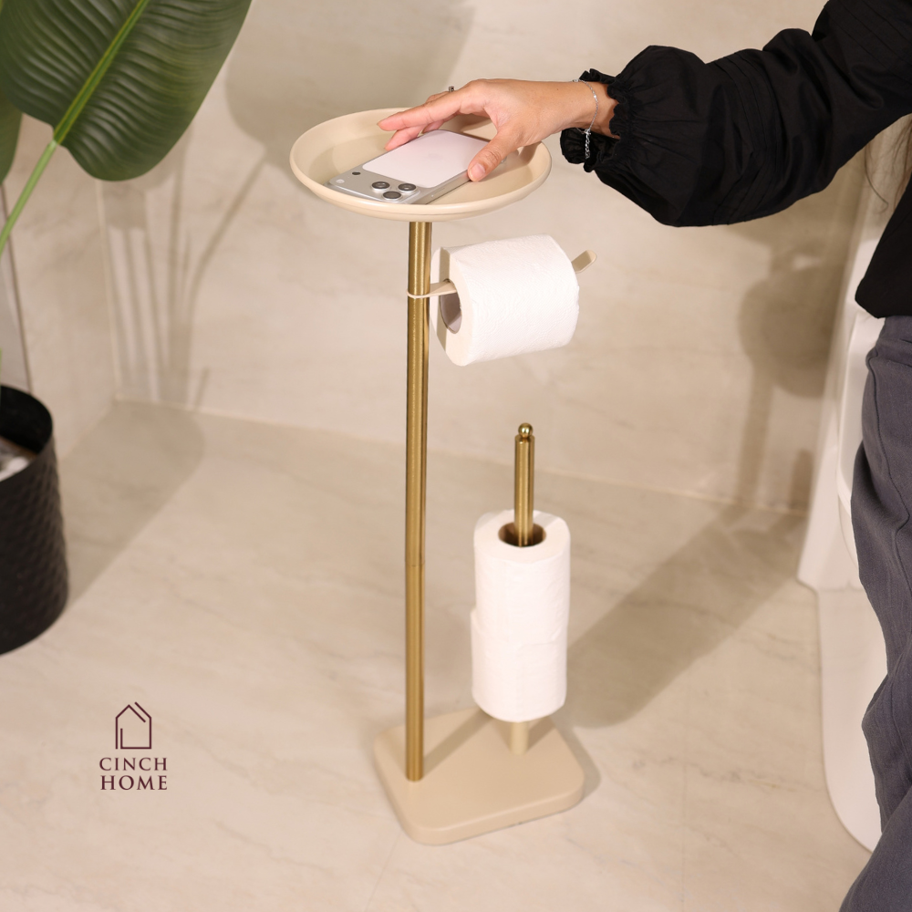 luxury bathroom accessories, premium bathroom accessories, bathroom valet, freestanding bathroom valet, 3 in 1 bathroom organizer, gold bathroom stand, gold bathroom accessories, freestanding towel holder, towel holder stand, gold towel holder, toilet roll holder, toilet roll stand, bathroom organizer with tray, towel and toilet roll holder, modern bathroom accessories, hotel style bathroom accessories, vanity organizer, no drill bathroom accessories, space saving bathroom organizer, gold bathroom decor
