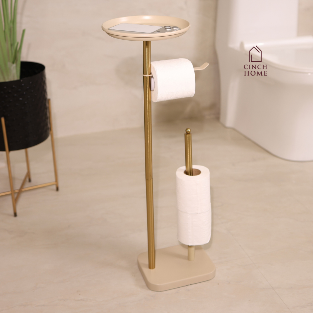 luxury bathroom accessories, premium bathroom accessories, bathroom valet, freestanding bathroom valet, 3 in 1 bathroom organizer, gold bathroom stand, gold bathroom accessories, freestanding towel holder, towel holder stand, gold towel holder, toilet roll holder, toilet roll stand, bathroom organizer with tray, towel and toilet roll holder, modern bathroom accessories, hotel style bathroom accessories, vanity organizer, no drill bathroom accessories, space saving bathroom organizer, gold bathroom decor
