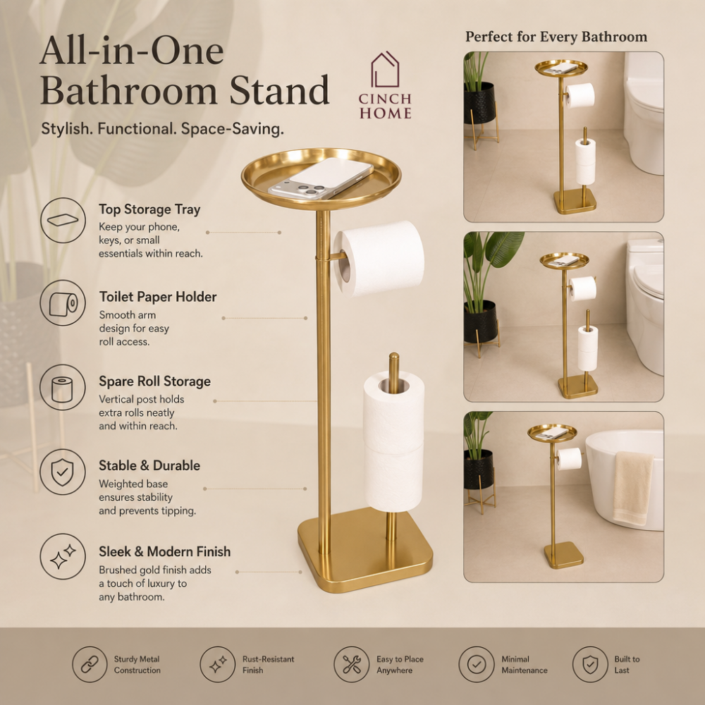 luxury bathroom accessories, premium bathroom accessories, bathroom valet, freestanding bathroom valet, 3 in 1 bathroom organizer, gold bathroom stand, gold bathroom accessories, freestanding towel holder, towel holder stand, gold towel holder, toilet roll holder, toilet roll stand, bathroom organizer with tray, towel and toilet roll holder, modern bathroom accessories, hotel style bathroom accessories, vanity organizer, no drill bathroom accessories, space saving bathroom organizer, gold bathroom decor
