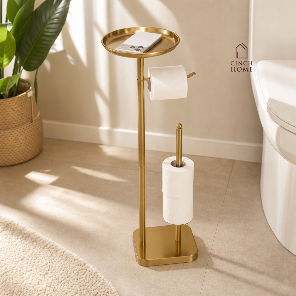 luxury bathroom accessories, premium bathroom accessories, bathroom valet, freestanding bathroom valet, 3 in 1 bathroom organizer, gold bathroom stand, gold bathroom accessories, freestanding towel holder, towel holder stand, gold towel holder, toilet roll holder, toilet roll stand, bathroom organizer with tray, towel and toilet roll holder, modern bathroom accessories, hotel style bathroom accessories, vanity organizer, no drill bathroom accessories, space saving bathroom organizer, gold bathroom decor
