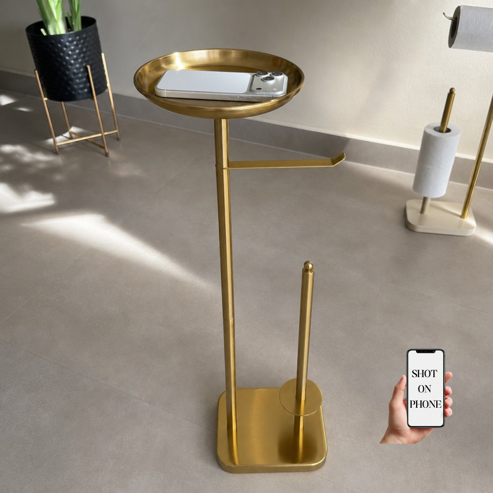 luxury bathroom accessories, premium bathroom accessories, bathroom valet, freestanding bathroom valet, 3 in 1 bathroom organizer, gold bathroom stand, gold bathroom accessories, freestanding towel holder, towel holder stand, gold towel holder, toilet roll holder, toilet roll stand, bathroom organizer with tray, towel and toilet roll holder, modern bathroom accessories, hotel style bathroom accessories, vanity organizer, no drill bathroom accessories, space saving bathroom organizer, gold bathroom decor
