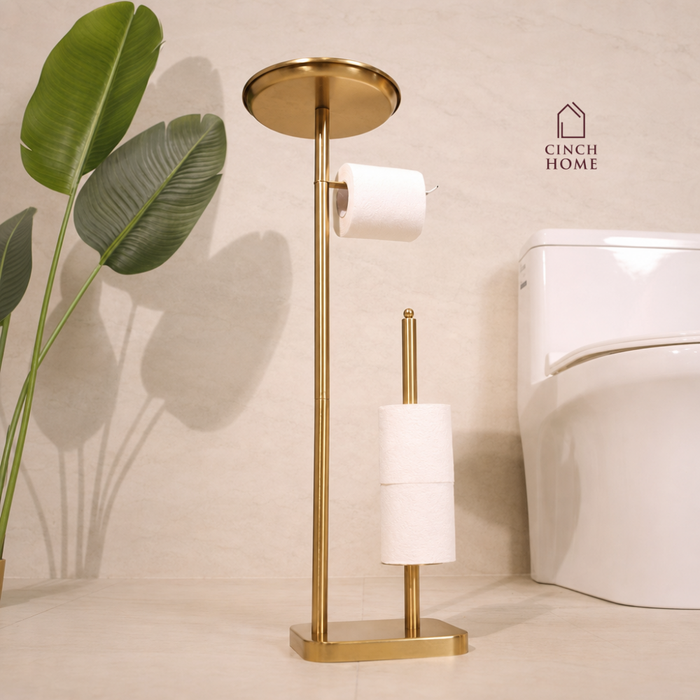 luxury bathroom accessories, premium bathroom accessories, bathroom valet, freestanding bathroom valet, 3 in 1 bathroom organizer, gold bathroom stand, gold bathroom accessories, freestanding towel holder, towel holder stand, gold towel holder, toilet roll holder, toilet roll stand, bathroom organizer with tray, towel and toilet roll holder, modern bathroom accessories, hotel style bathroom accessories, vanity organizer, no drill bathroom accessories, space saving bathroom organizer, gold bathroom decor
