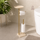 luxury bathroom accessories, premium bathroom accessories, bathroom valet, freestanding bathroom valet, 3 in 1 bathroom organizer, gold bathroom stand, gold bathroom accessories, freestanding towel holder, towel holder stand, gold towel holder, toilet roll holder, toilet roll stand, bathroom organizer with tray, towel and toilet roll holder, modern bathroom accessories, hotel style bathroom accessories, vanity organizer, no drill bathroom accessories, space saving bathroom organizer, gold bathroom decor
