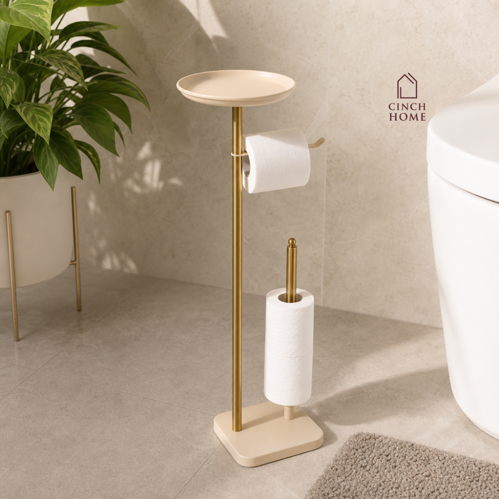 luxury bathroom accessories, premium bathroom accessories, bathroom valet, freestanding bathroom valet, 3 in 1 bathroom organizer, gold bathroom stand, gold bathroom accessories, freestanding towel holder, towel holder stand, gold towel holder, toilet roll holder, toilet roll stand, bathroom organizer with tray, towel and toilet roll holder, modern bathroom accessories, hotel style bathroom accessories, vanity organizer, no drill bathroom accessories, space saving bathroom organizer, gold bathroom decor
