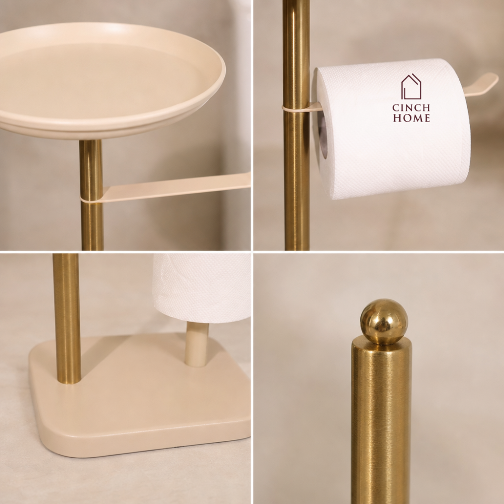 luxury bathroom accessories, premium bathroom accessories, bathroom valet, freestanding bathroom valet, 3 in 1 bathroom organizer, gold bathroom stand, gold bathroom accessories, freestanding towel holder, towel holder stand, gold towel holder, toilet roll holder, toilet roll stand, bathroom organizer with tray, towel and toilet roll holder, modern bathroom accessories, hotel style bathroom accessories, vanity organizer, no drill bathroom accessories, space saving bathroom organizer, gold bathroom decor

