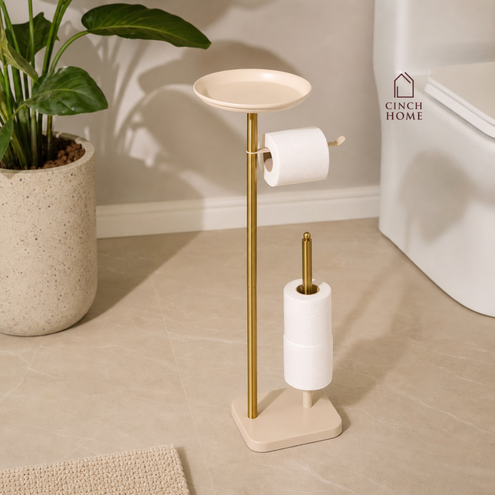 luxury bathroom accessories, premium bathroom accessories, bathroom valet, freestanding bathroom valet, 3 in 1 bathroom organizer, gold bathroom stand, gold bathroom accessories, freestanding towel holder, towel holder stand, gold towel holder, toilet roll holder, toilet roll stand, bathroom organizer with tray, towel and toilet roll holder, modern bathroom accessories, hotel style bathroom accessories, vanity organizer, no drill bathroom accessories, space saving bathroom organizer, gold bathroom decor
