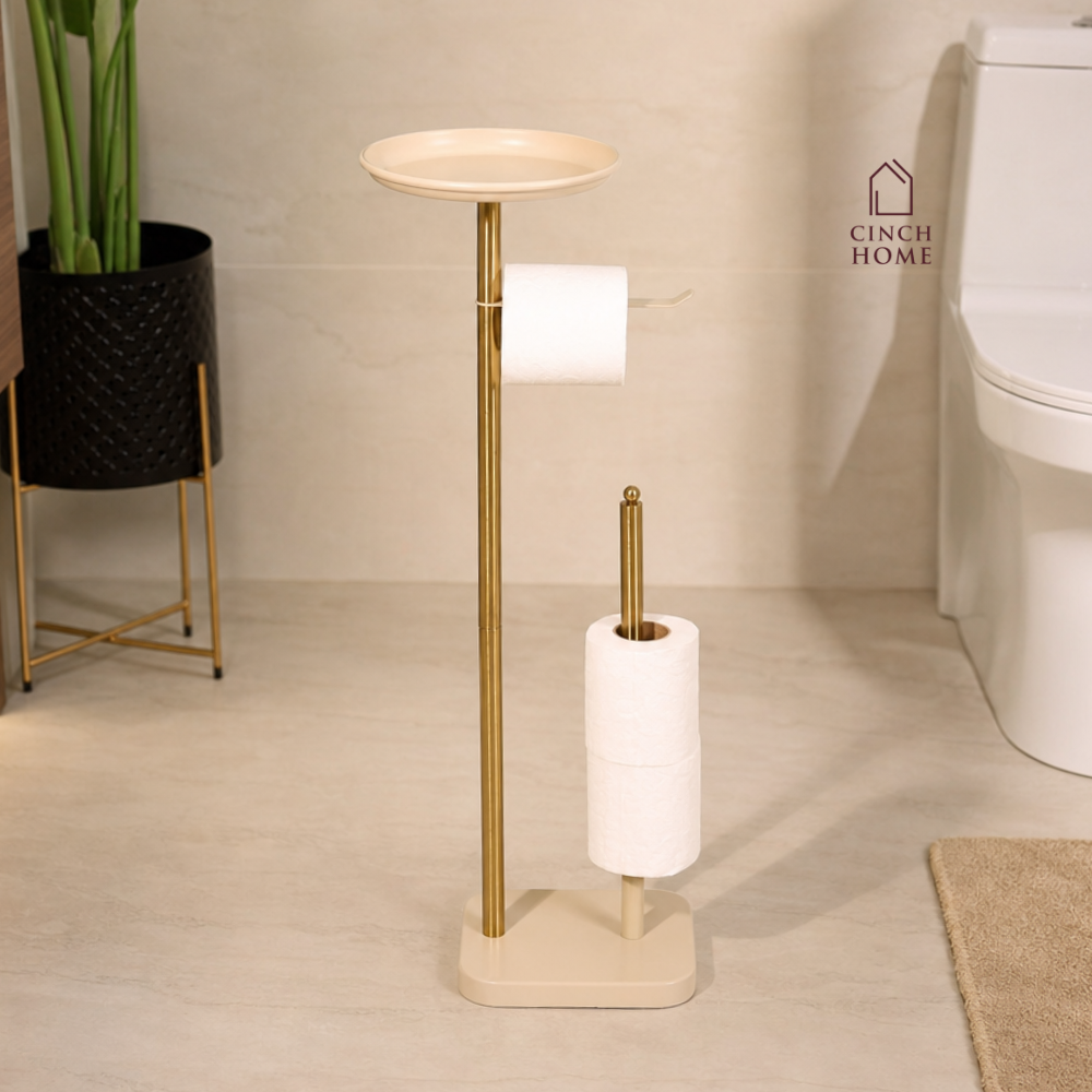 luxury bathroom accessories, premium bathroom accessories, bathroom valet, freestanding bathroom valet, 3 in 1 bathroom organizer, gold bathroom stand, gold bathroom accessories, freestanding towel holder, towel holder stand, gold towel holder, toilet roll holder, toilet roll stand, bathroom organizer with tray, towel and toilet roll holder, modern bathroom accessories, hotel style bathroom accessories, vanity organizer, no drill bathroom accessories, space saving bathroom organizer, gold bathroom decor
