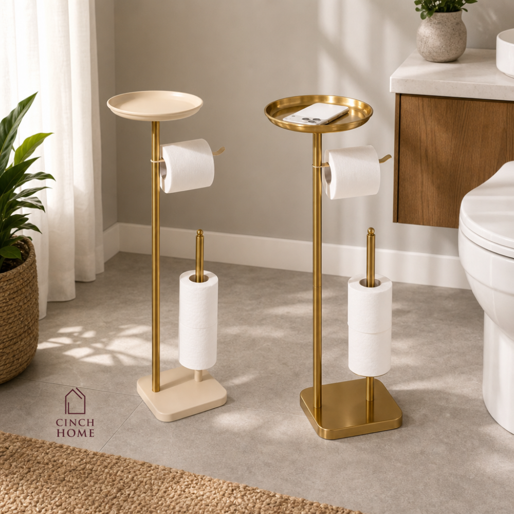 luxury bathroom accessories, premium bathroom accessories, bathroom valet, freestanding bathroom valet, 3 in 1 bathroom organizer, gold bathroom stand, gold bathroom accessories, freestanding towel holder, towel holder stand, gold towel holder, toilet roll holder, toilet roll stand, bathroom organizer with tray, towel and toilet roll holder, modern bathroom accessories, hotel style bathroom accessories, vanity organizer, no drill bathroom accessories, space saving bathroom organizer, gold bathroom decor
