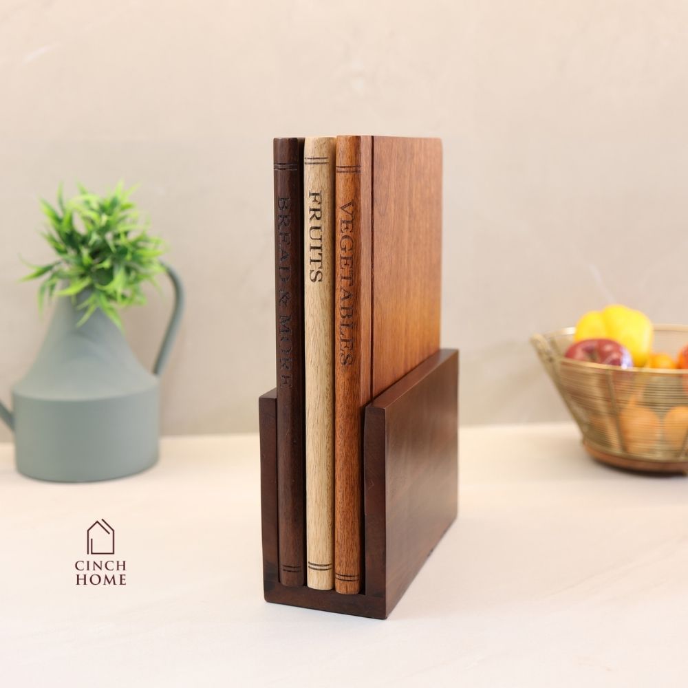 Book Shelf Wooden Chopping Boards– Set of 3 with Stand