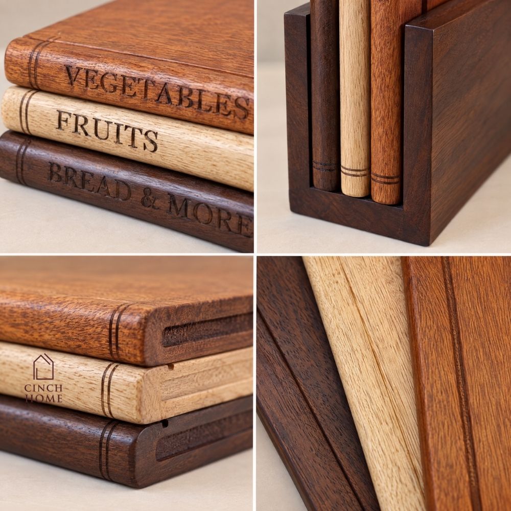 Book Shelf Wooden Chopping Boards– Set of 3 with Stand