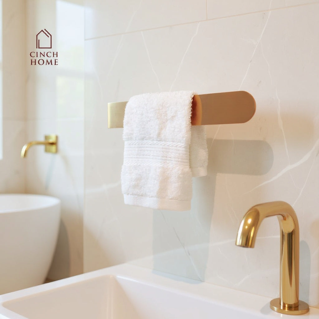 gold towel holder, peel and stick towel rack, self adhesive towel stand, no drill towel holder India, bathroom towel holder, stainless steel gold rack, CinchHome towel holder, wall mounted towel bar, a bathroom accessories, gold bathroom décor, rose gold towel holder, rose gold bathroom accessories, black towel holder, silver bathroom accessories