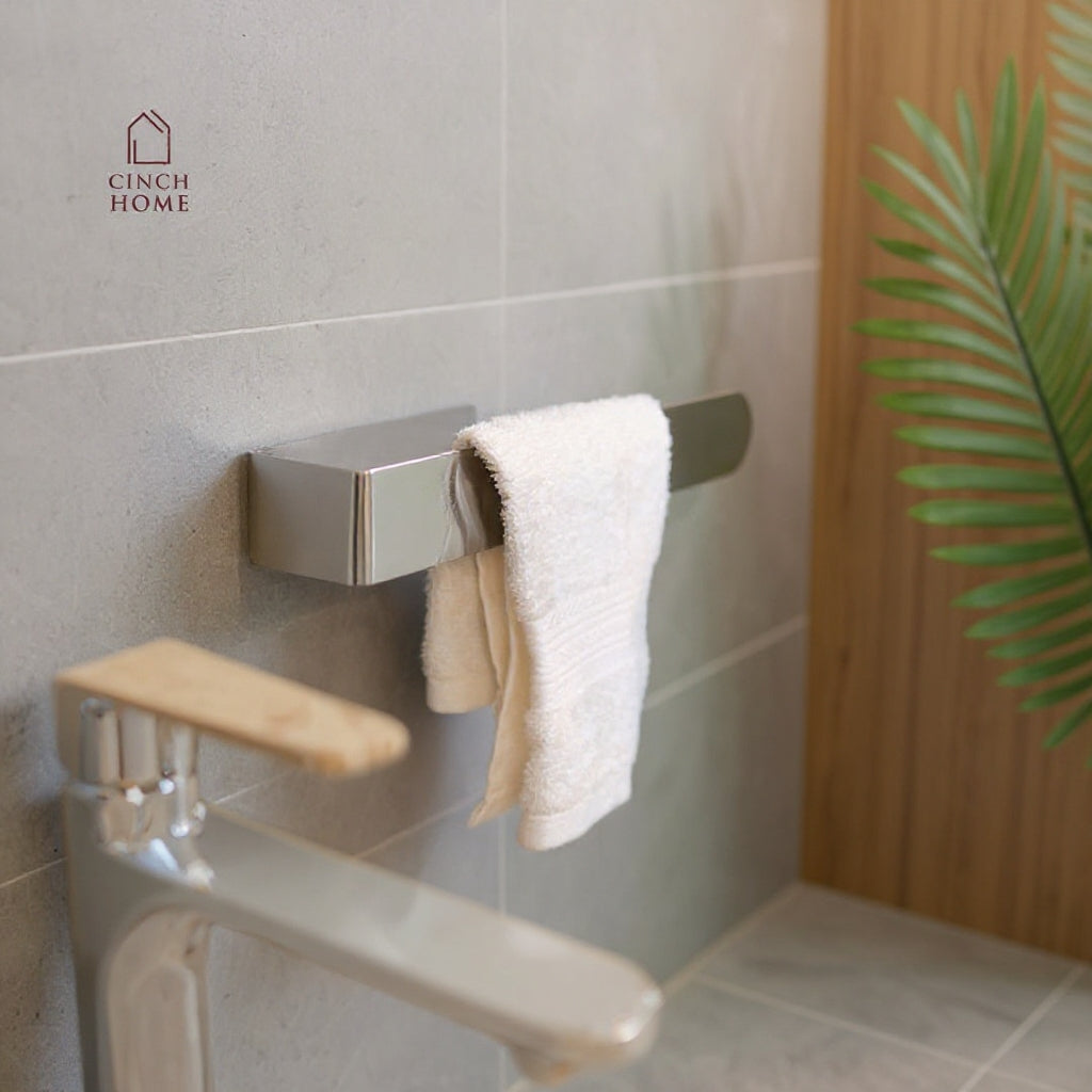 gold towel holder, peel and stick towel rack, self adhesive towel stand, no drill towel holder India, bathroom towel holder, stainless steel gold rack, CinchHome towel holder, wall mounted towel bar, a bathroom accessories, gold bathroom décor, rose gold towel holder, rose gold bathroom accessories, black towel holder, silver bathroom accessories